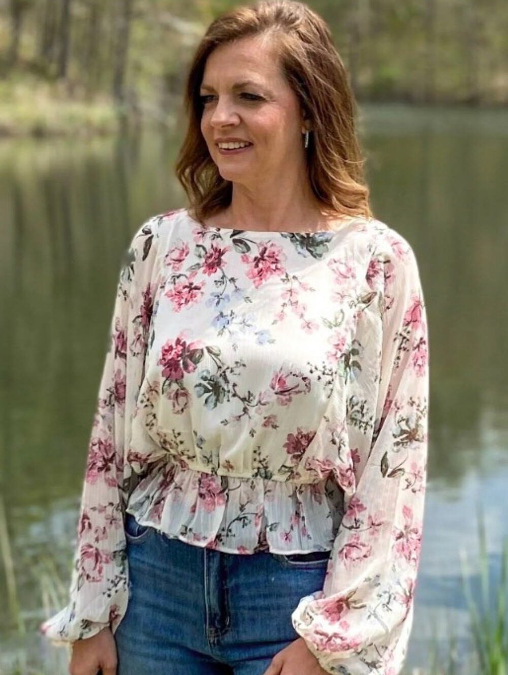 New Express Smocked Peplum Semi-Sheer Long Sleeve Chiffon Floral Blouse Top